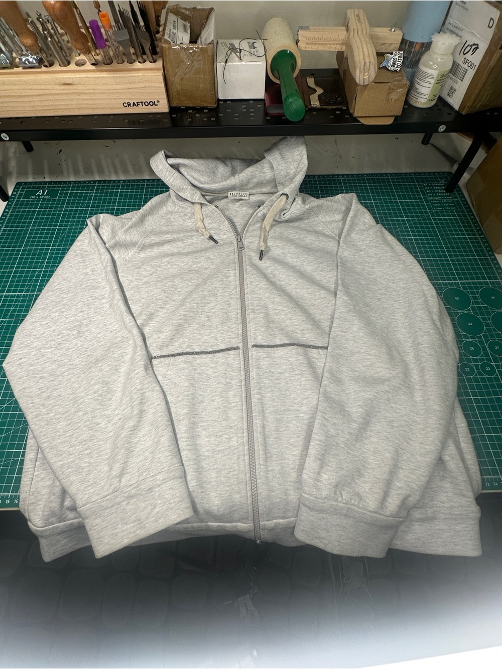 Brunello Cucinelli Light Gray Zip Hoodie with Monili detailing